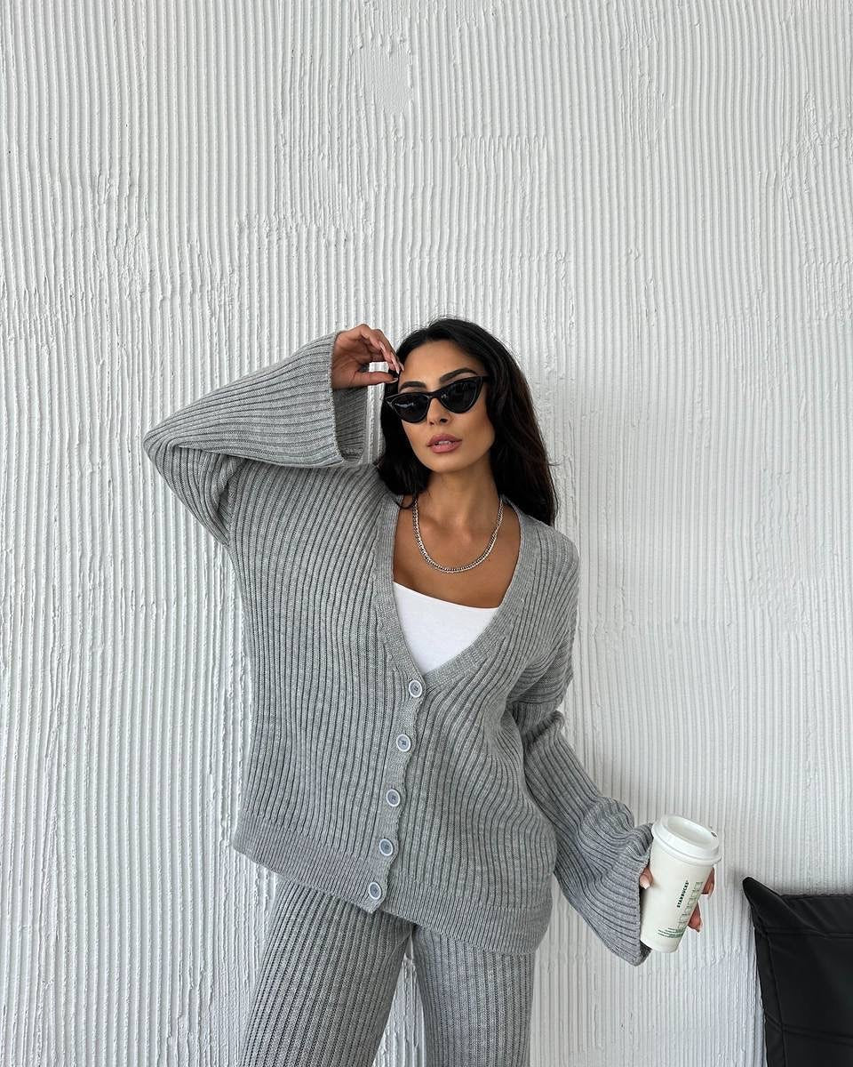 Damen Gerippter Strick‑Zweiteiler mit Oversized‑Cardigan und High‑Waist‑Sweathose EB