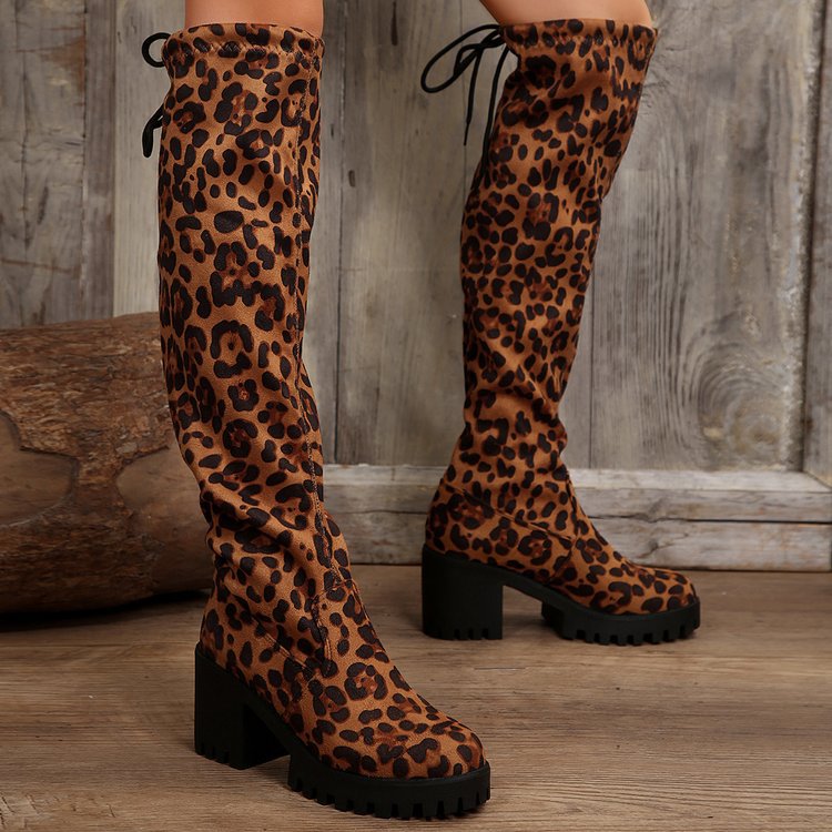 Damen Überknee-Stiefel mit modischem Leopardenmuster und robustem Blockabsatz EB