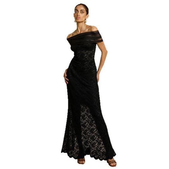 Damen Elegantes Spitzenabendkleid mit schulterfreiem Design und raffiniertem Schlitz EB