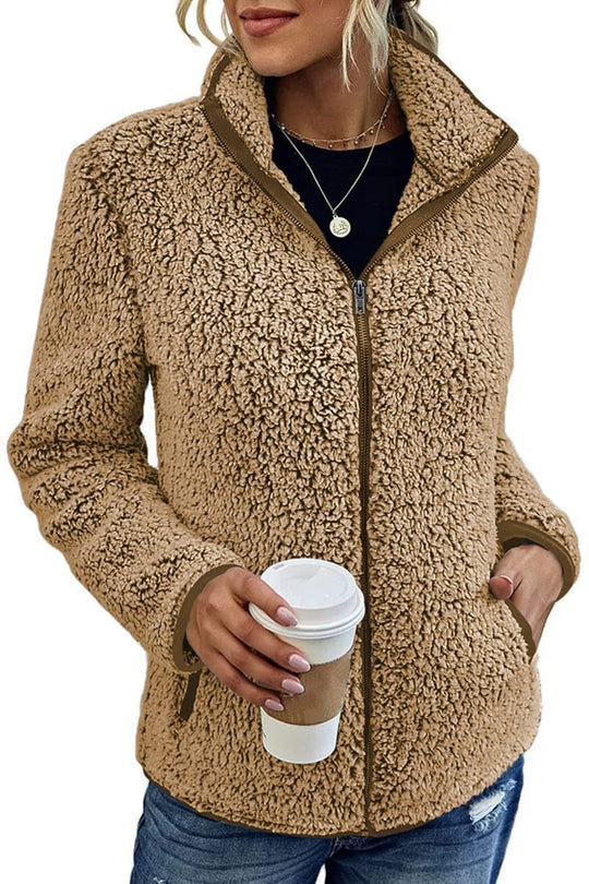 Damen kuschelige Fleecejacke mit hohem Kragen und praktischen Taschen EB