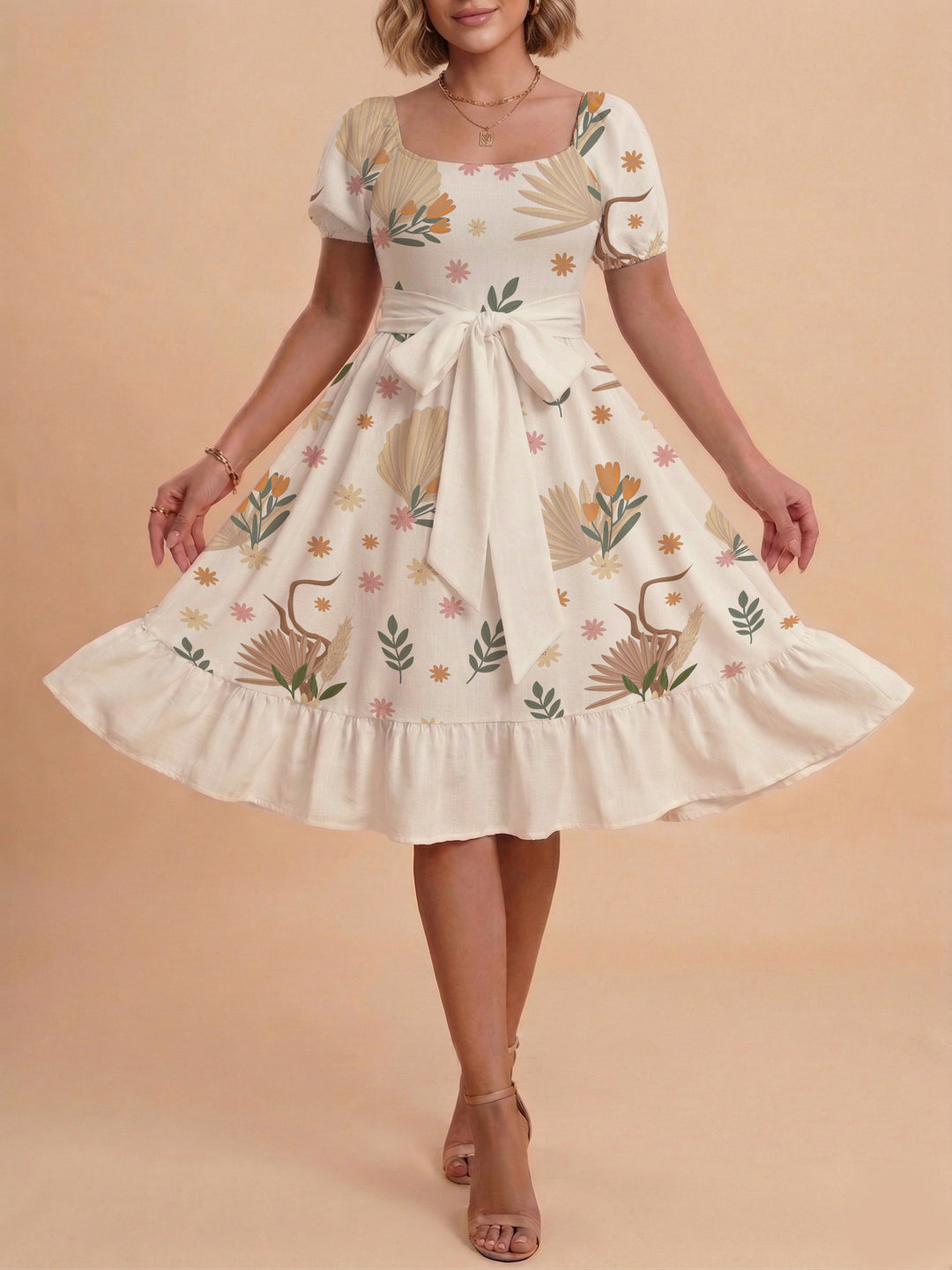 Damen Sommerliches Blumenkleid mit taillierbarem Gürtel und voluminösen Ärmeln EB