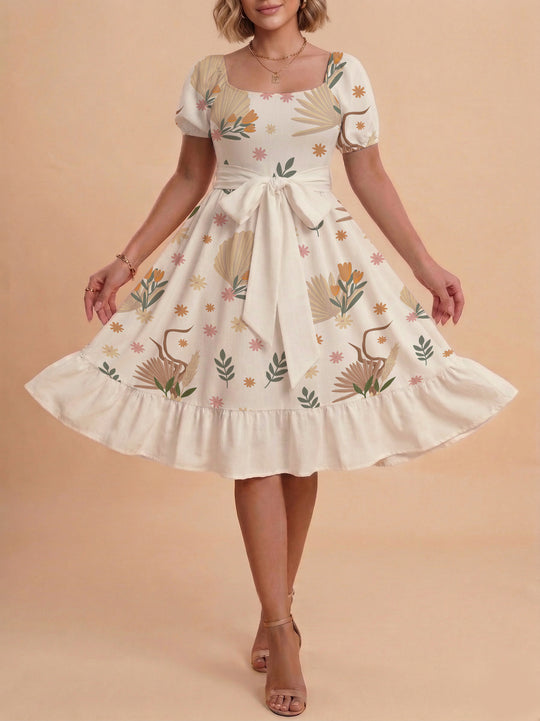 Damen Sommerliches Blumenkleid mit taillierbarem Gürtel und voluminösen Ärmeln EB