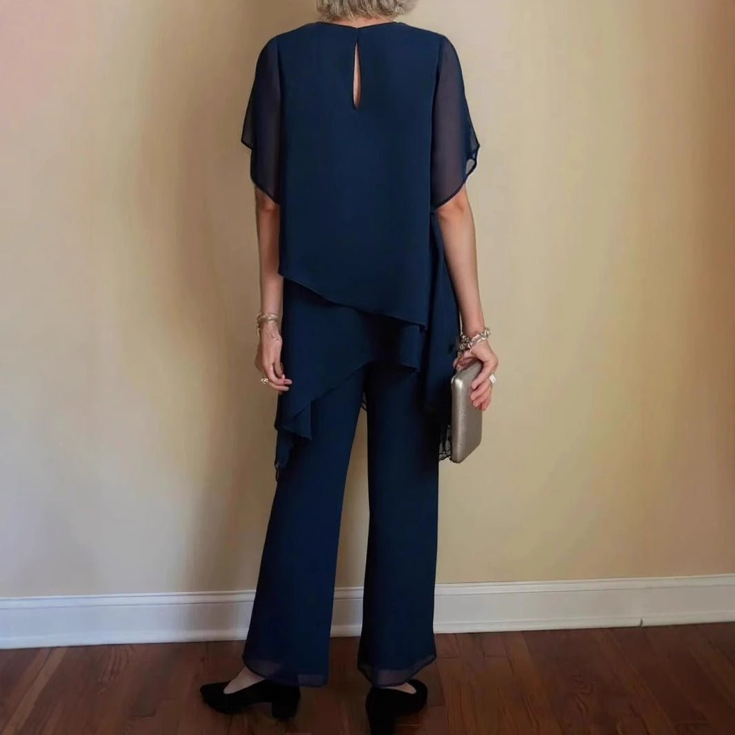 Damen elegantes Ensemble aus fließendem Oberteil und weitem Hose EB