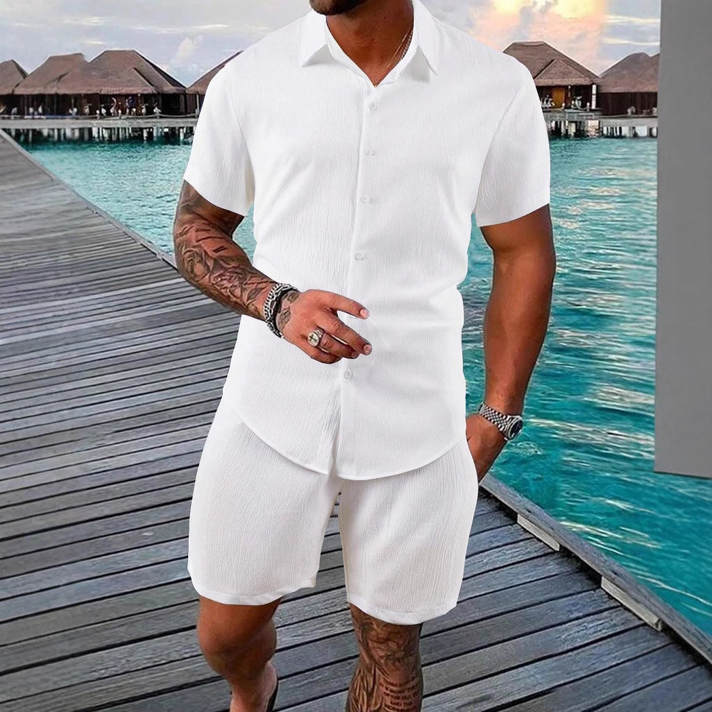 Herren lässiges Shorts-Set mit knöpfbarem Oberteil und elastischem Bund EB