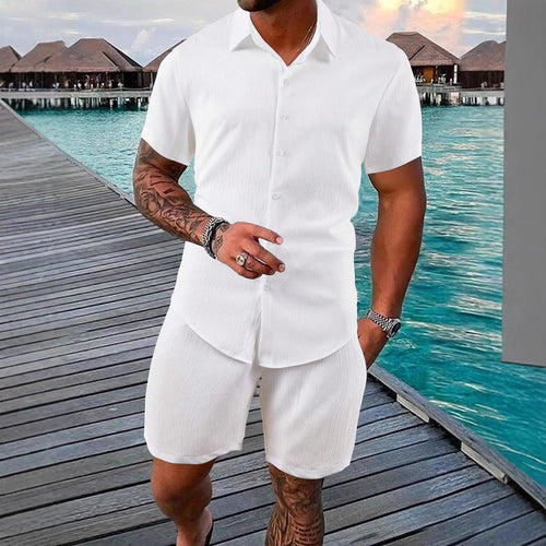 Herren lässiges Shorts-Set mit knöpfbarem Oberteil und elastischem Bund EB