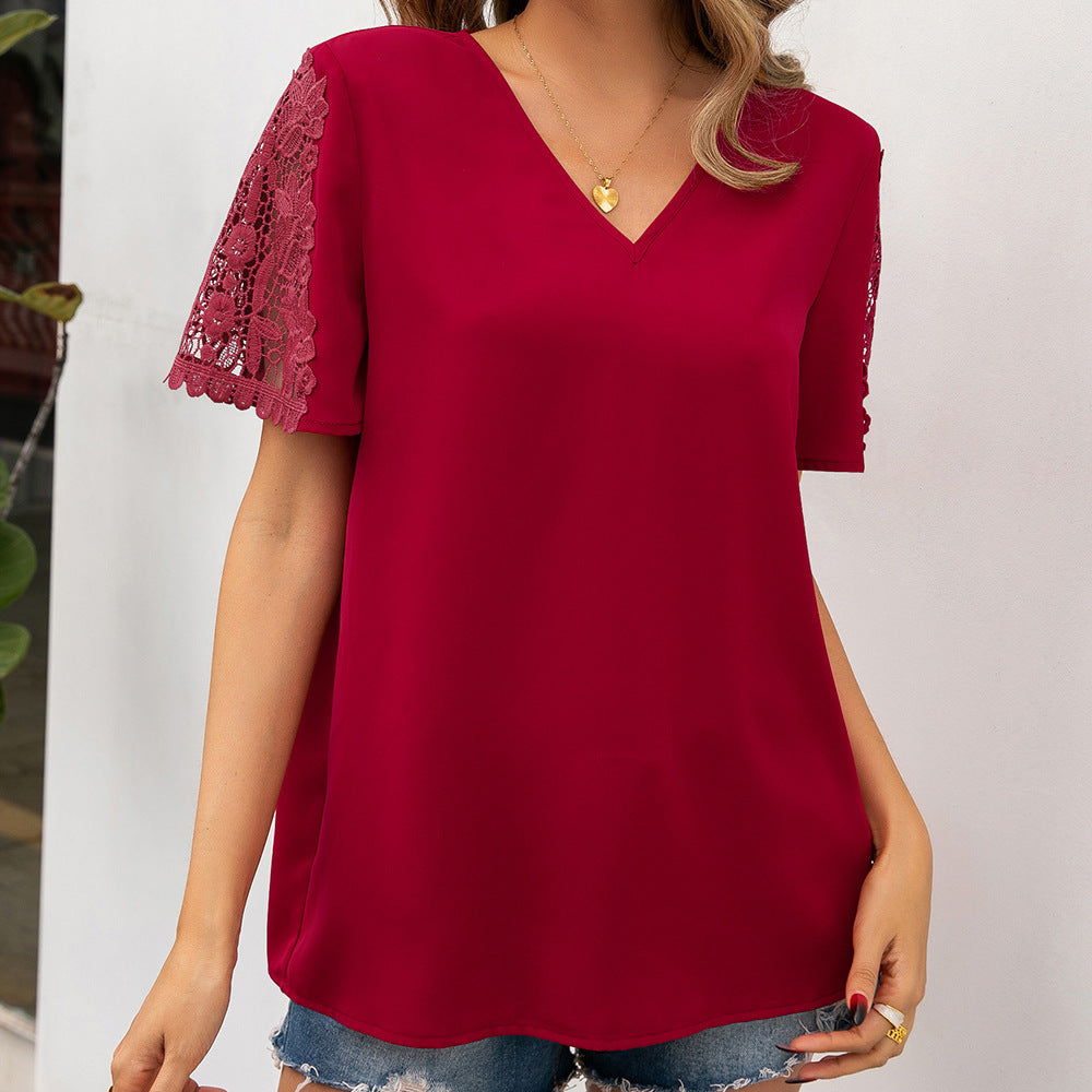 Damen Bluse mit Spitzenakzenten und V-Ausschnitt EB