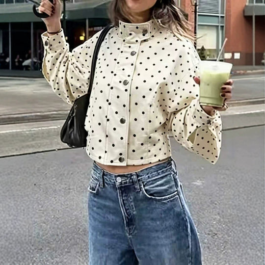 Damen Gepunktete Cropped-Jacke mit Stehkragen, Ballonärmeln und Druckknöpfen EB