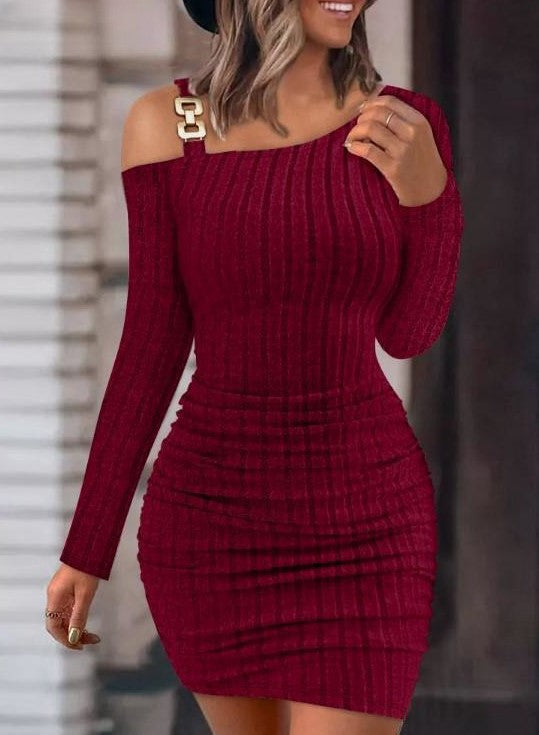 Damen Figurbetontes Strickkleid mit asymmetrischem Schulterdesign und dekorativen Akzenten EB