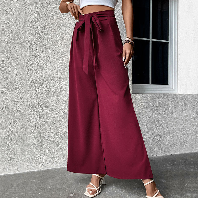 Damen Weite High-Waist-Hose mit Schleifenbund und Faltenwurf EB