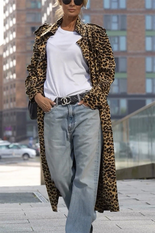 EB | Leoparden Revers Lockerer Langer Trenchcoat
