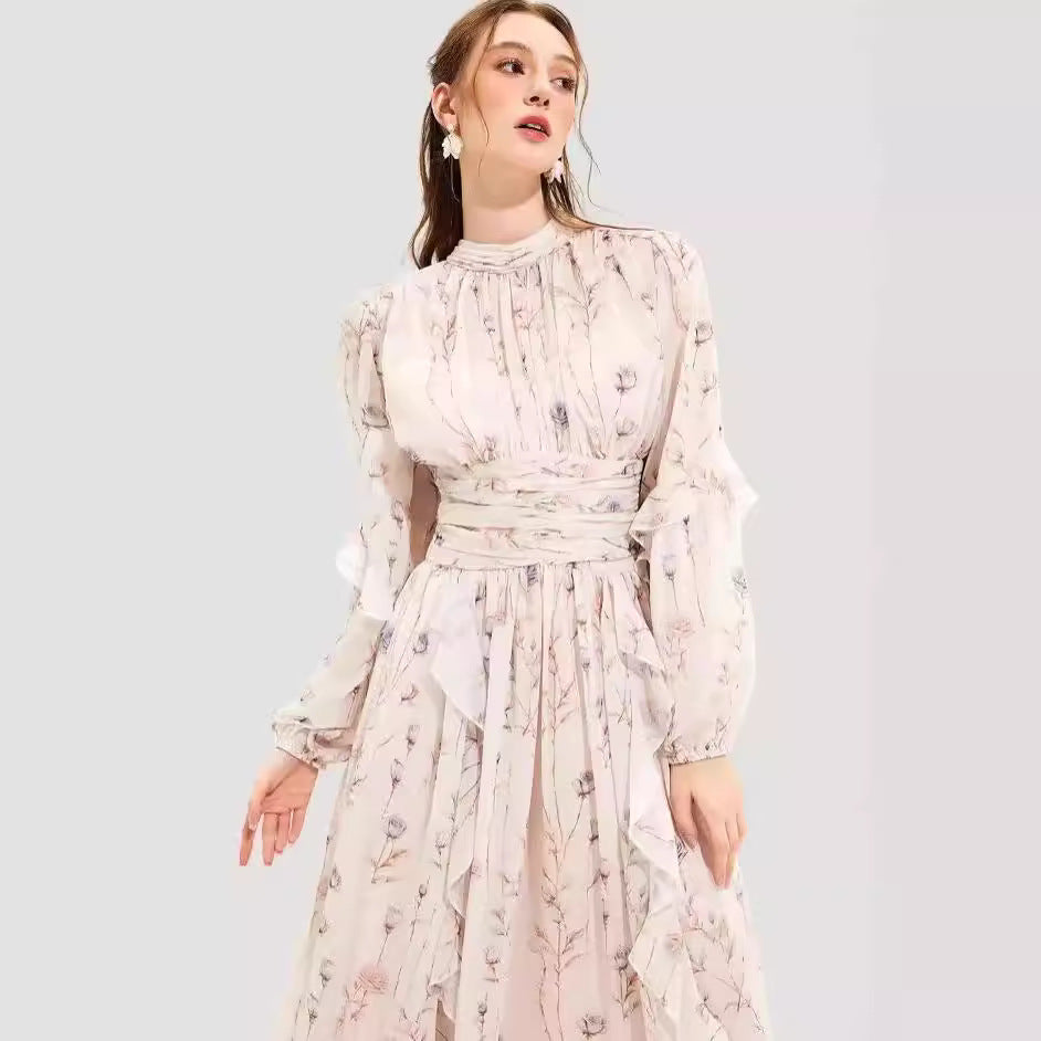 Damen Midi-Kleid mit floralen Stickereien und elegantem Rüschensaum EB