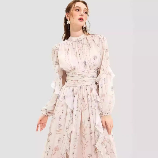 Damen Midi-Kleid mit floralen Stickereien und elegantem Rüschensaum EB