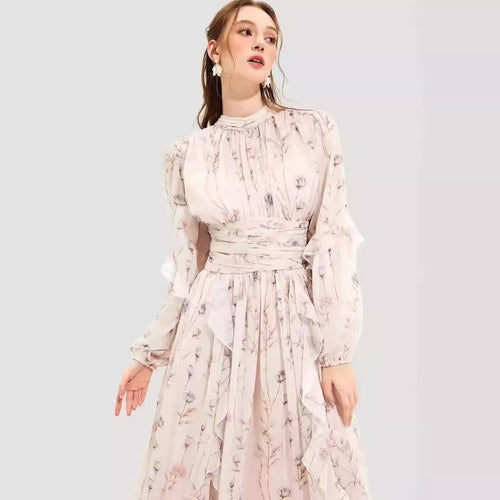 Damen Midi-Kleid mit floralen Stickereien und elegantem Rüschensaum EB
