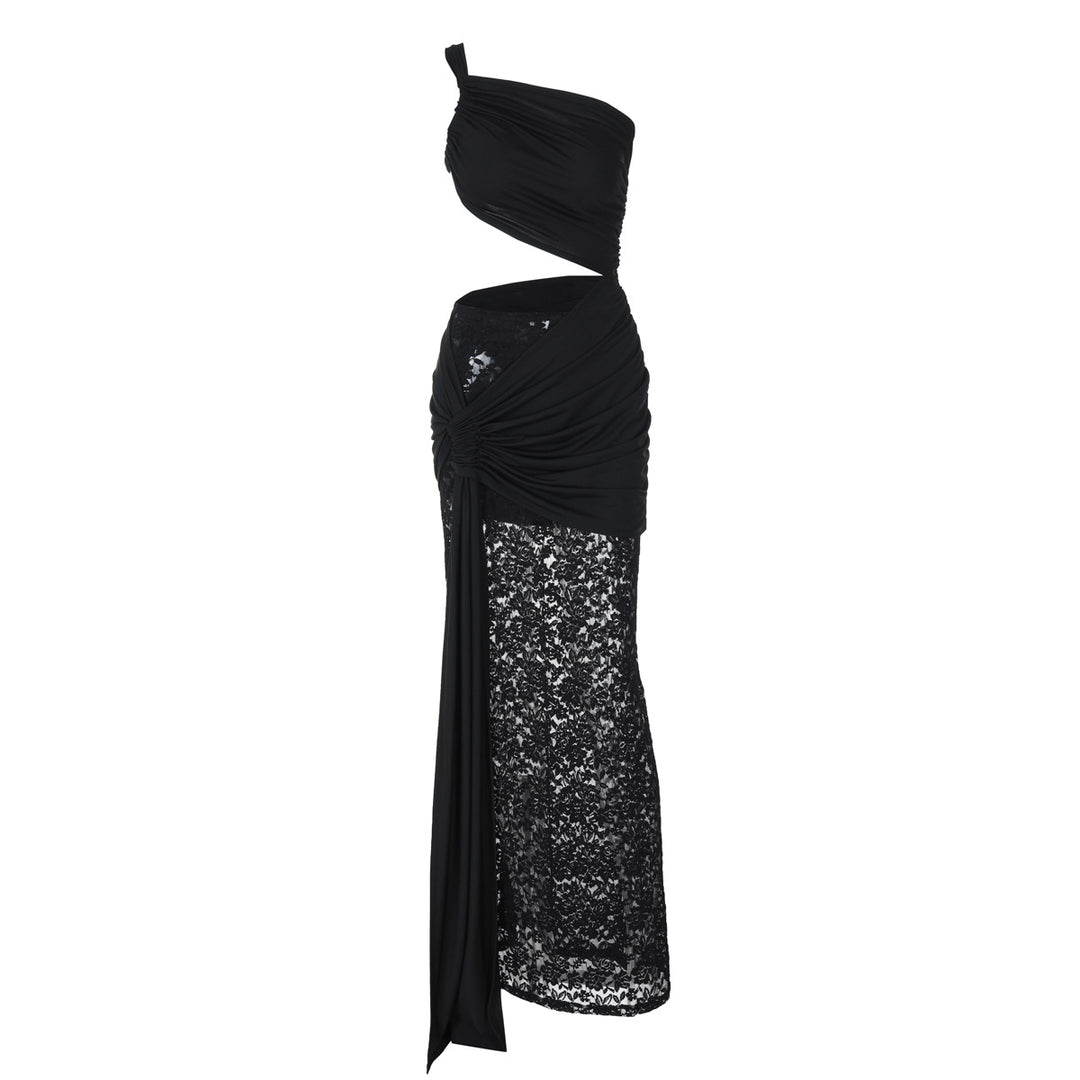Damen Elegantes Maxikleid mit asymmetrischem Design und Spitzenverarbeitung EB
