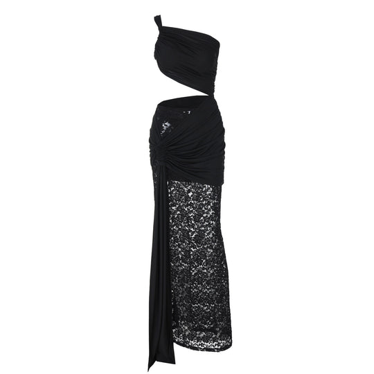 Damen Elegantes Maxikleid mit asymmetrischem Design und Spitzenverarbeitung EB