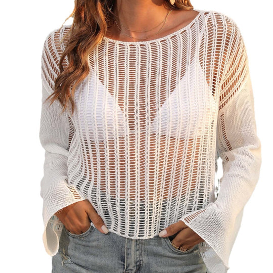 Damen luftiger Strickoberteil mit transparentem Lochmuster EB