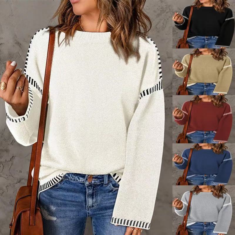 Damen modischer Pullover mit strukturiertem Material und streifenförmigen Details EB