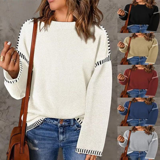Damen modischer Pullover mit strukturiertem Material und streifenförmigen Details EB