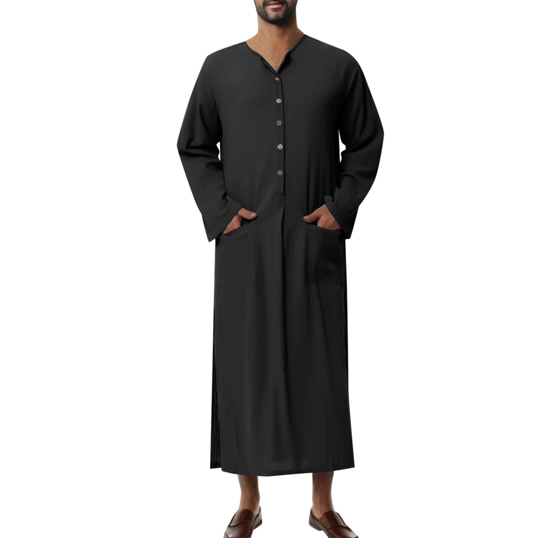 Herren nan weites langes Tunika-Kaftan aus atmungsaktivem Leinen mit Stehkragen Knopfblende und aufgesetzten Taschen EB