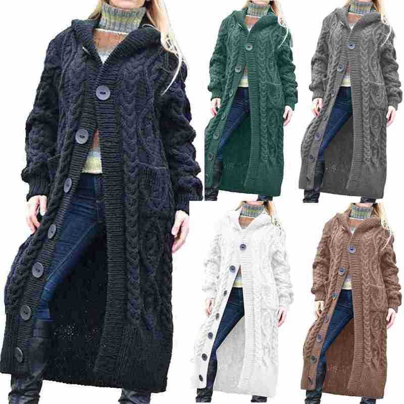 Damen Strickmantel mit Kapuze und Kabelmuster EB