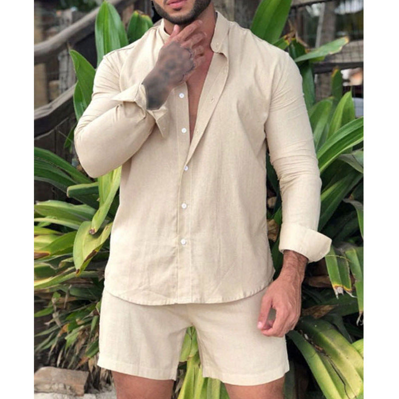 Herren modisches Freizeit-Set mit langarmigem Hemd und Shorts EB