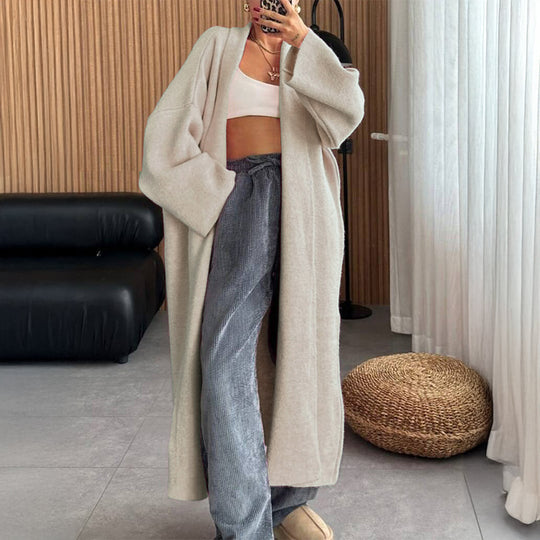 Damen nan extra-langer Oversize-Strickmantel mit offenem Schnitt, weiten Ärmeln und Kimonokragen EB