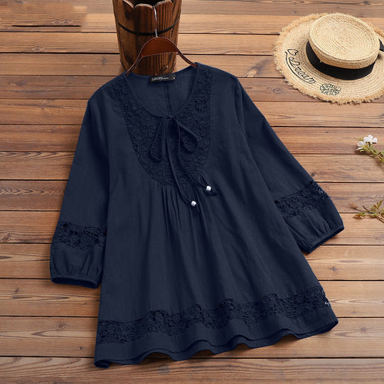Damen Lässige Tunika-Bluse mit Häkelspitze, Bindekragen und dreiviertel Ärmeln EB