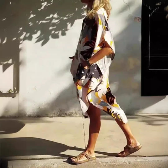 Damen Hemdblusenkleid im modischen Leaf-Design mit praktischen Taschen Heidi-Mode