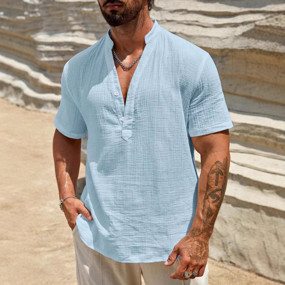 Herren Kurzarm Henley Hemd mit modernem Stehkragen aus leichtem Baumwollmaterial EB