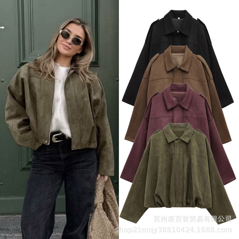 Damen modische Oversize-Jacke aus weichem Kunstleder mit dekorativen Details EB