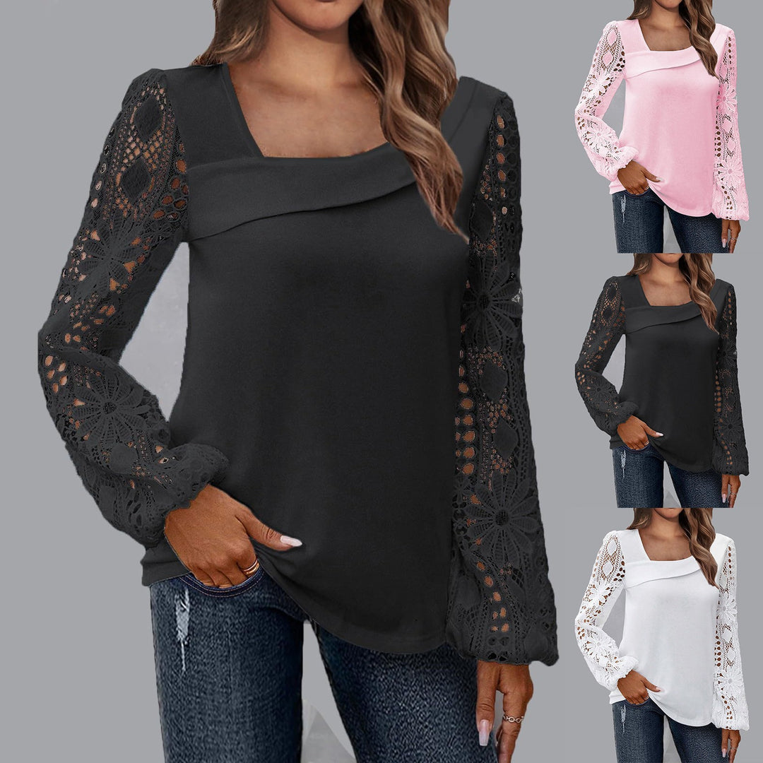 Damen Bluse mit floralen Spitzenärmel und voluminösem Schnitt EB