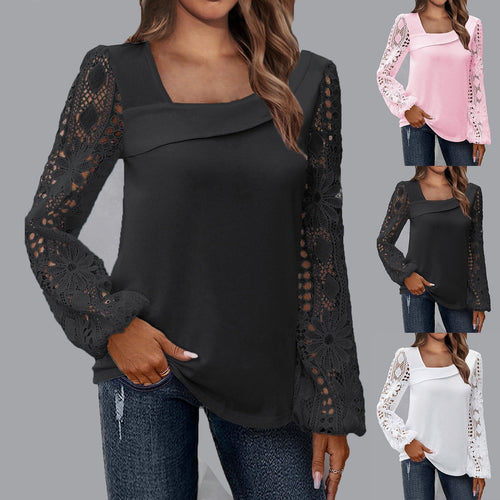 Damen Bluse mit floralen Spitzenärmel und voluminösem Schnitt EB
