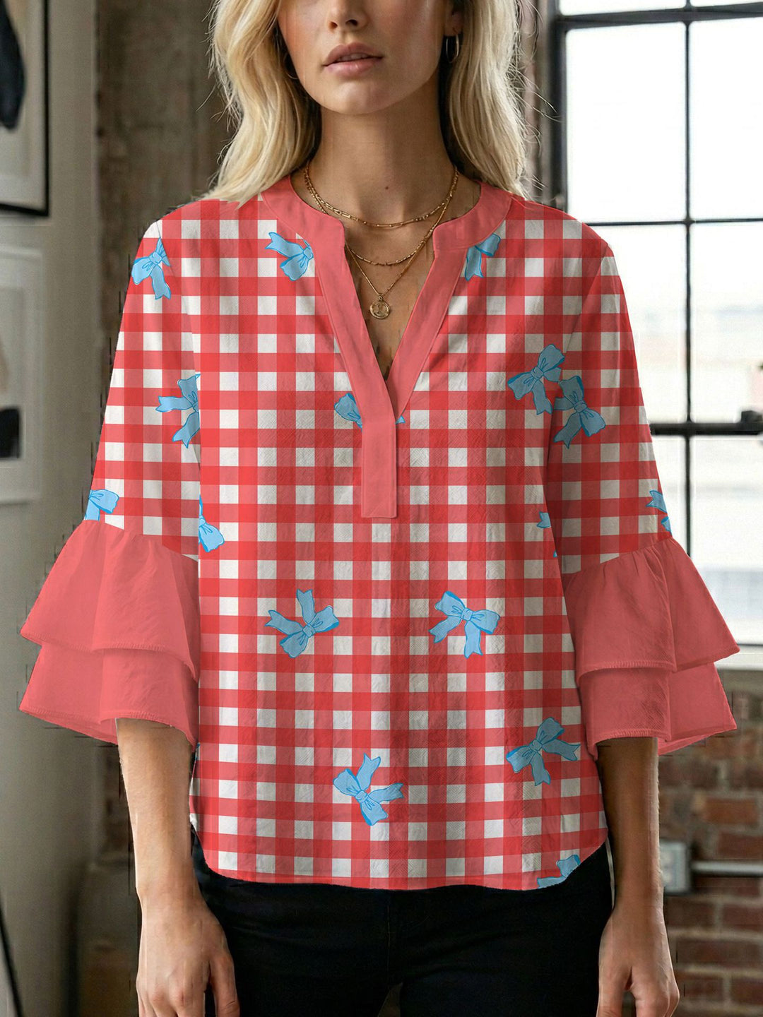 Damen Blusenshirt mit voluminösen Ärmeln und kreativem Druckdesign EB