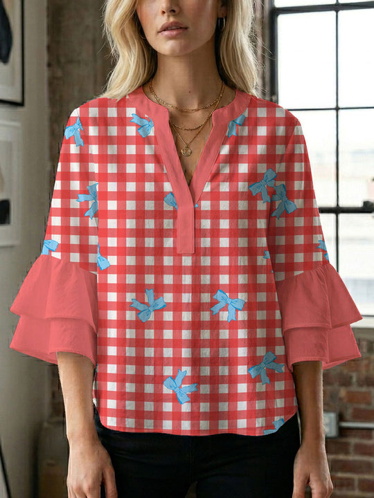 Damen Blusenshirt mit voluminösen Ärmeln und kreativem Druckdesign EB