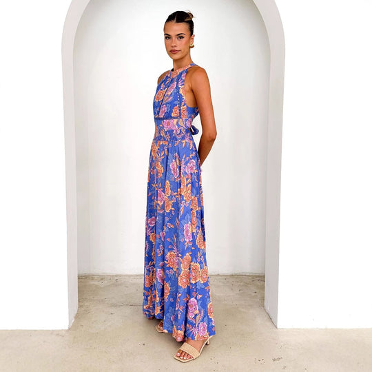 Damen Maxikleid mit elegantem Halterneck und buntem floralen Design EB