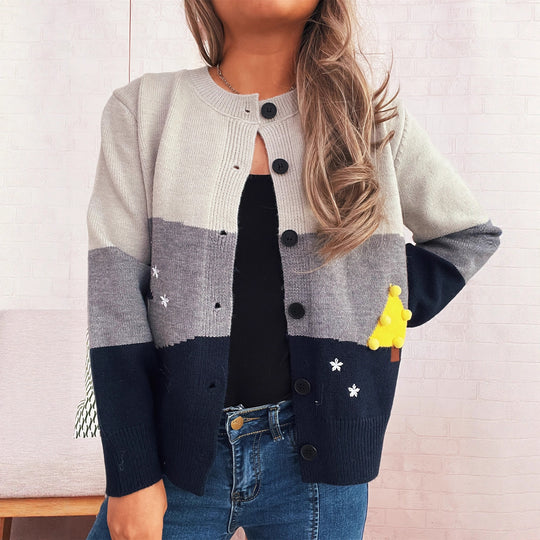 Damen Strickjacke mit festlichem Motiv und Knopfdetails EB