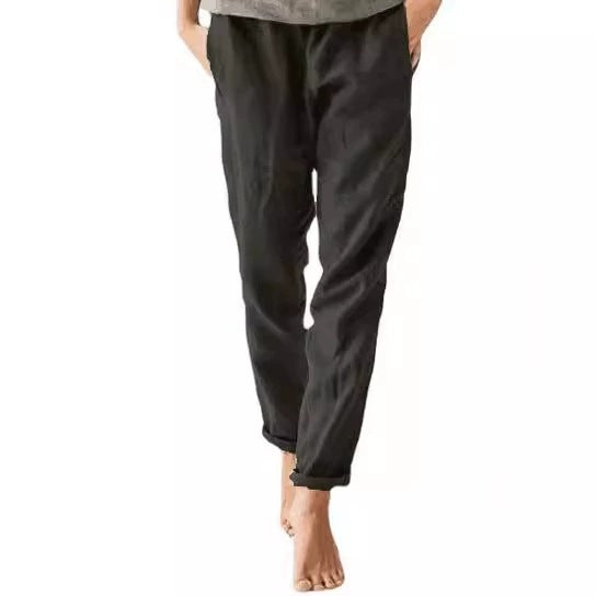 Damen lässige Leinenhose mit elastischem Bund und praktischen Taschen EB