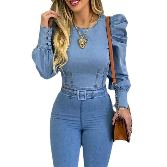 Damen Jeans-Overall mit Puffärmeln und taillierbarem Gürtel EB