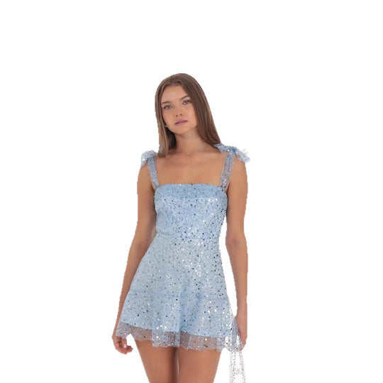Damen Glitzerndes Minikleid mit dekorativen Trägern und funkelnden Details EB
