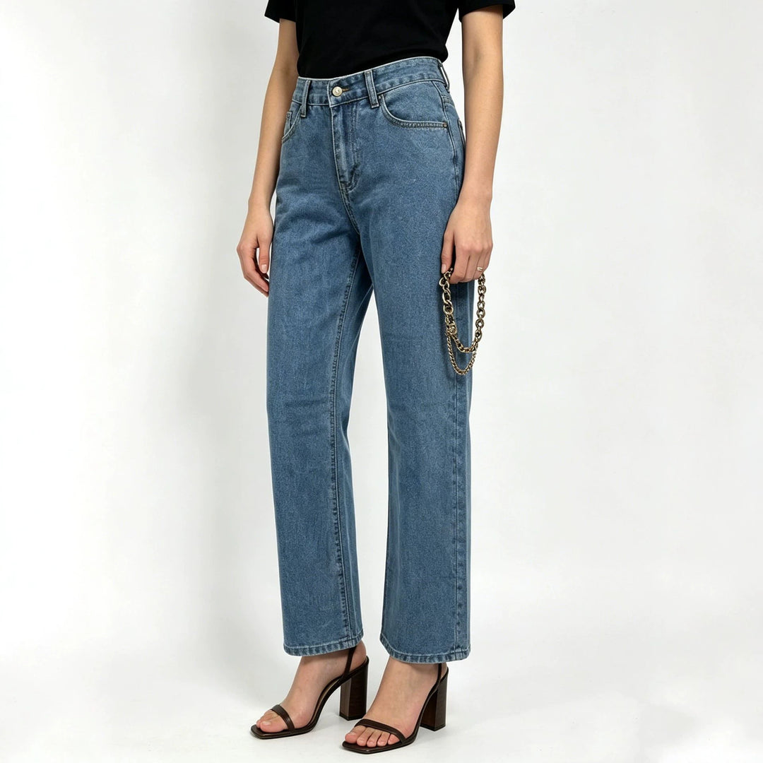 Damen nan hochgeschnittene Straight-Leg-Jeans mit geradem Bein und dezenter Vintage-Waschung EB