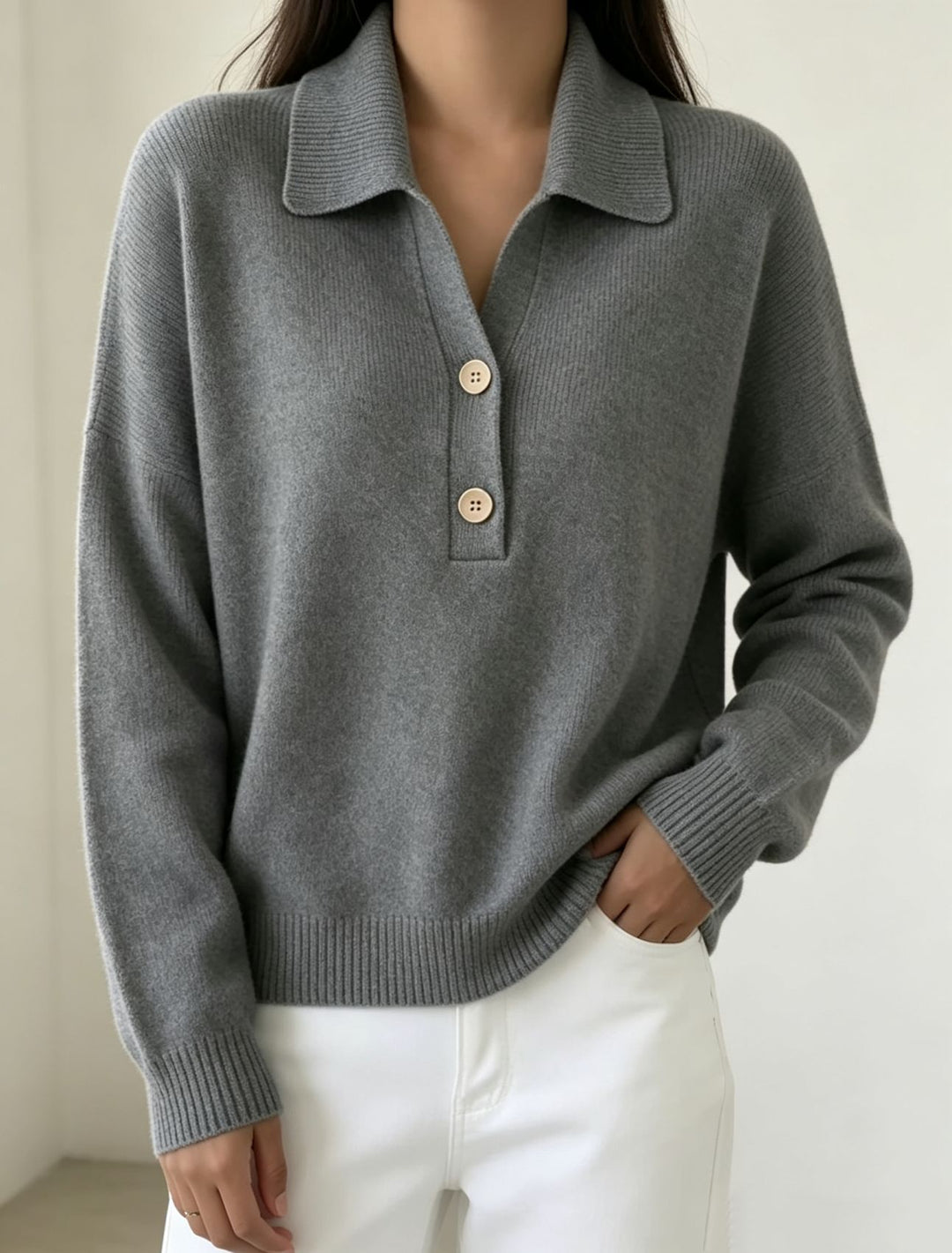 Damen Polokragen-Pullover mit halber Knopfleiste und geripptem Saum EB