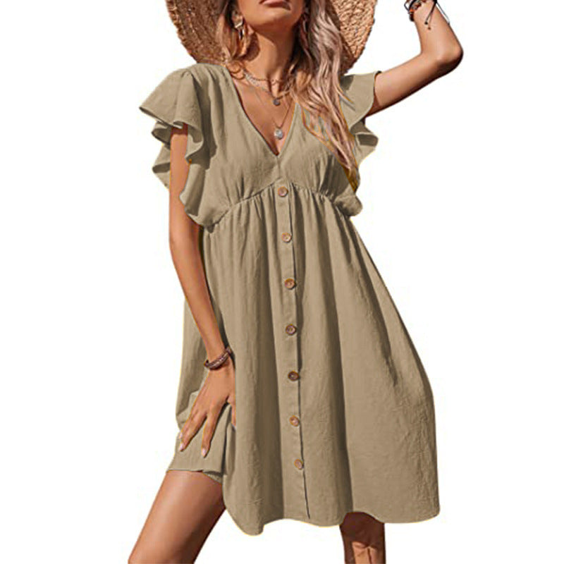 Damen Luftiges Sommerkleid mit verspielten Rüschendetails und Knopfverschluss EB