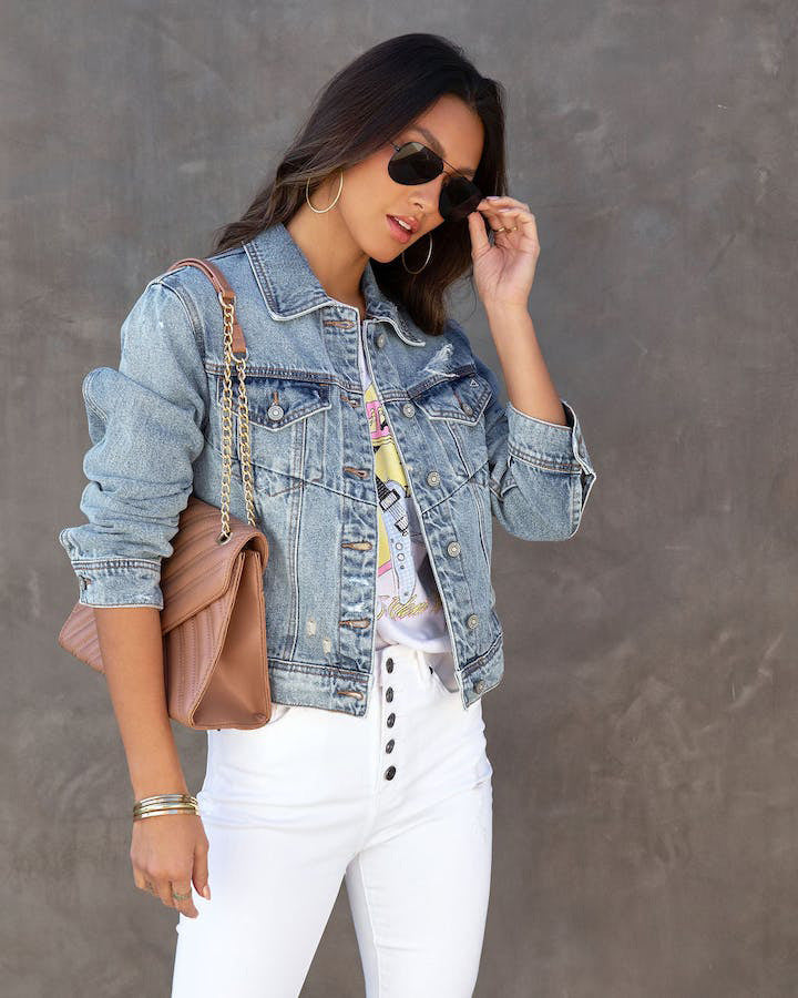 Damen trendige Denimjacke im lässigen Oversize-Schnitt mit fransigen Ärmeln EB