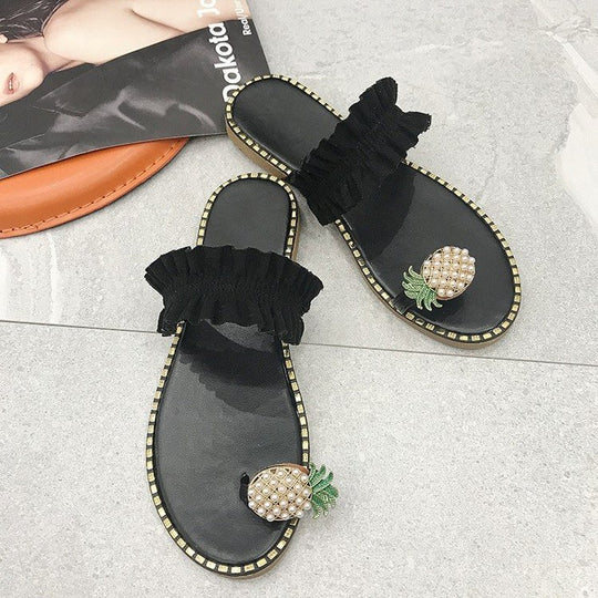 Damen Riemchen-Sandalen mit dekorativem Rüschendetail und Perlenschmuck EB