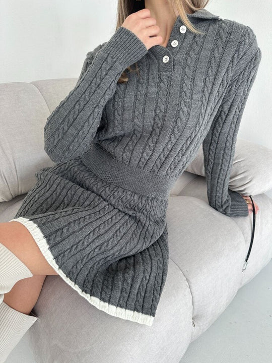 Damen Zweiteiliges Zopfstrick-Kleid mit Taillenbund und Polokragen EB