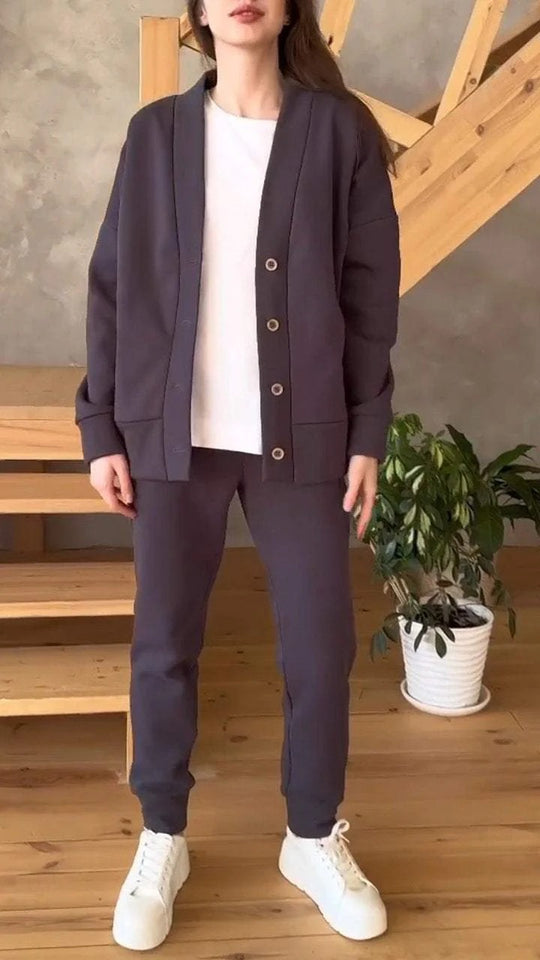 Damen lässige Oversized Sweatjacke mit Knöpfen EB