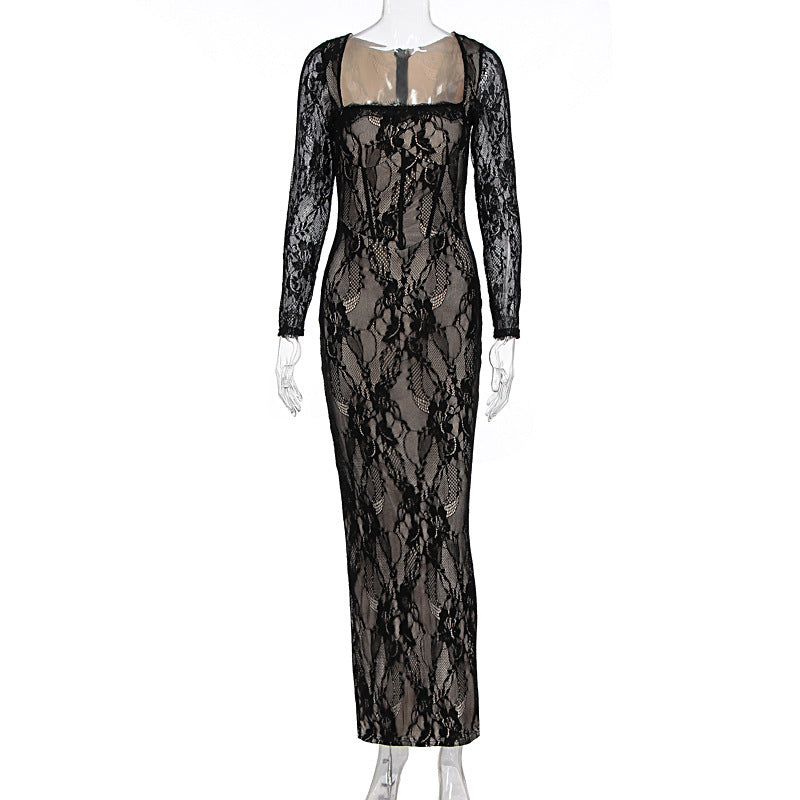 Damen Spitzenmaxikleid mit durchscheinenden Einsätzen EB