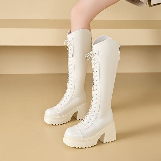 EB | Hohe Stiefel Damenstiefel mit Schnürung und Robuster Ferse