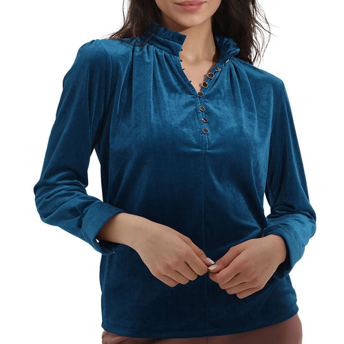 Damen Elegantes Oberteil mit Rüschendetails und Knopfverschluss EB