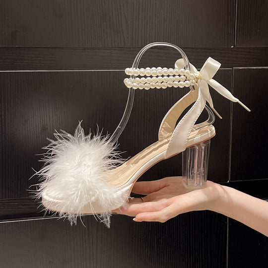 Damen transparente High Heels mit elegantem Federbesatz und Perlenschmuck EB